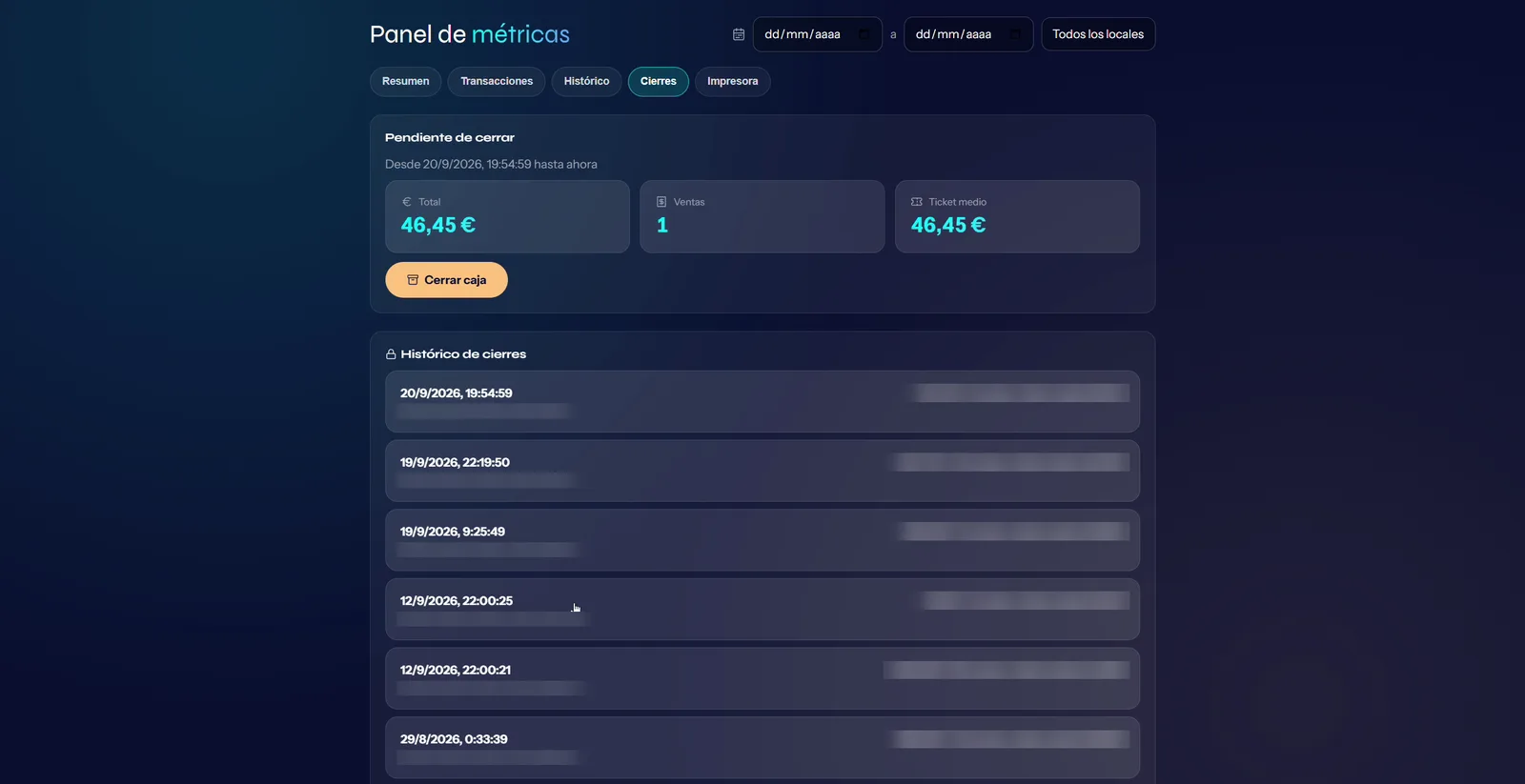TPV NextMind: Cierres de caja por local