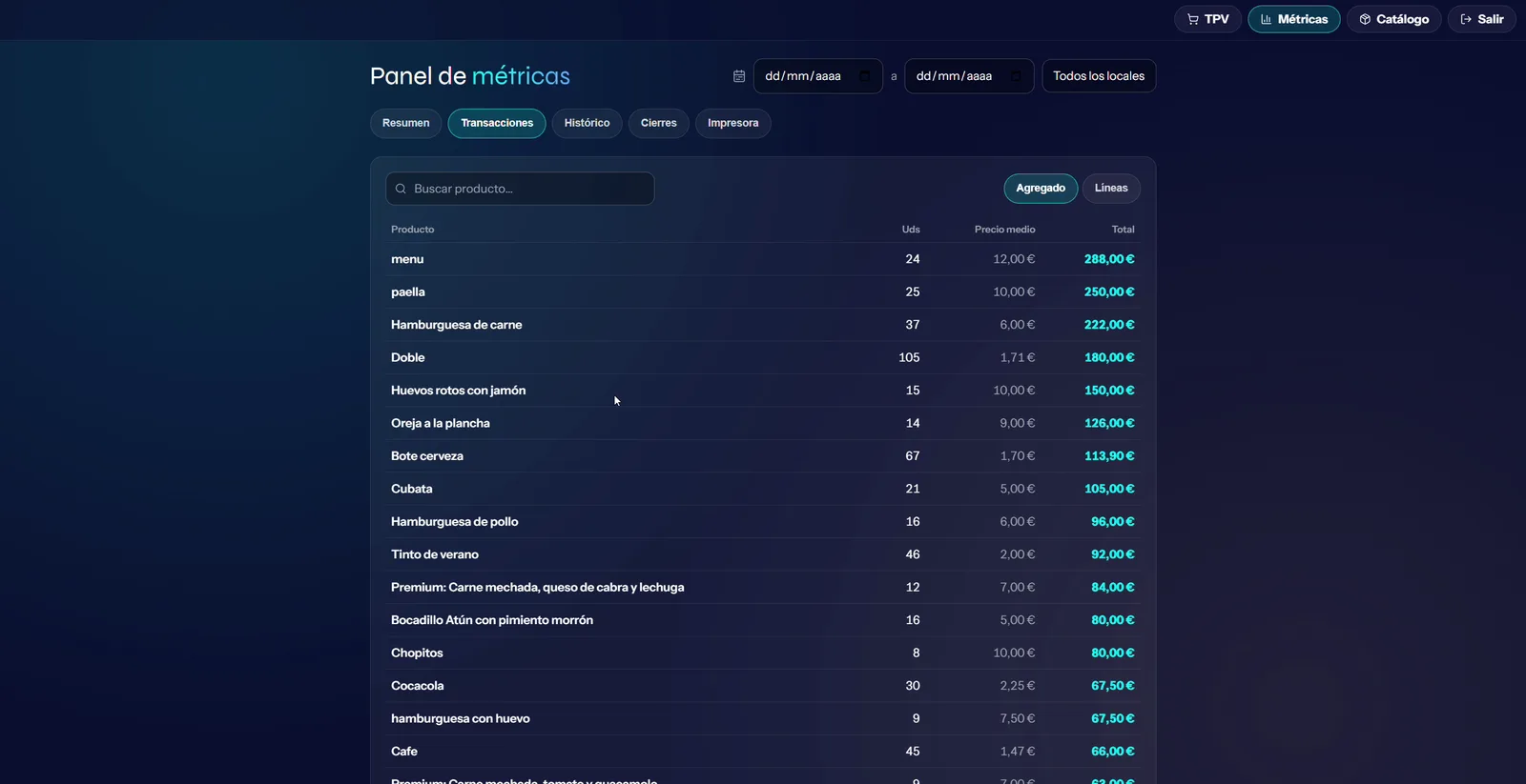 TPV NextMind: Ventas por producto