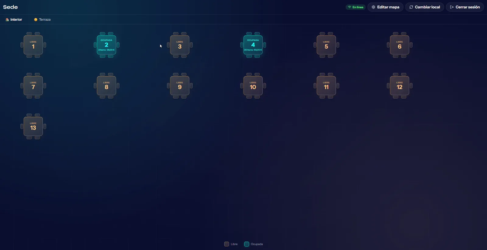 TPV NextMind: Mapa de sala con mesas libres y ocupadas