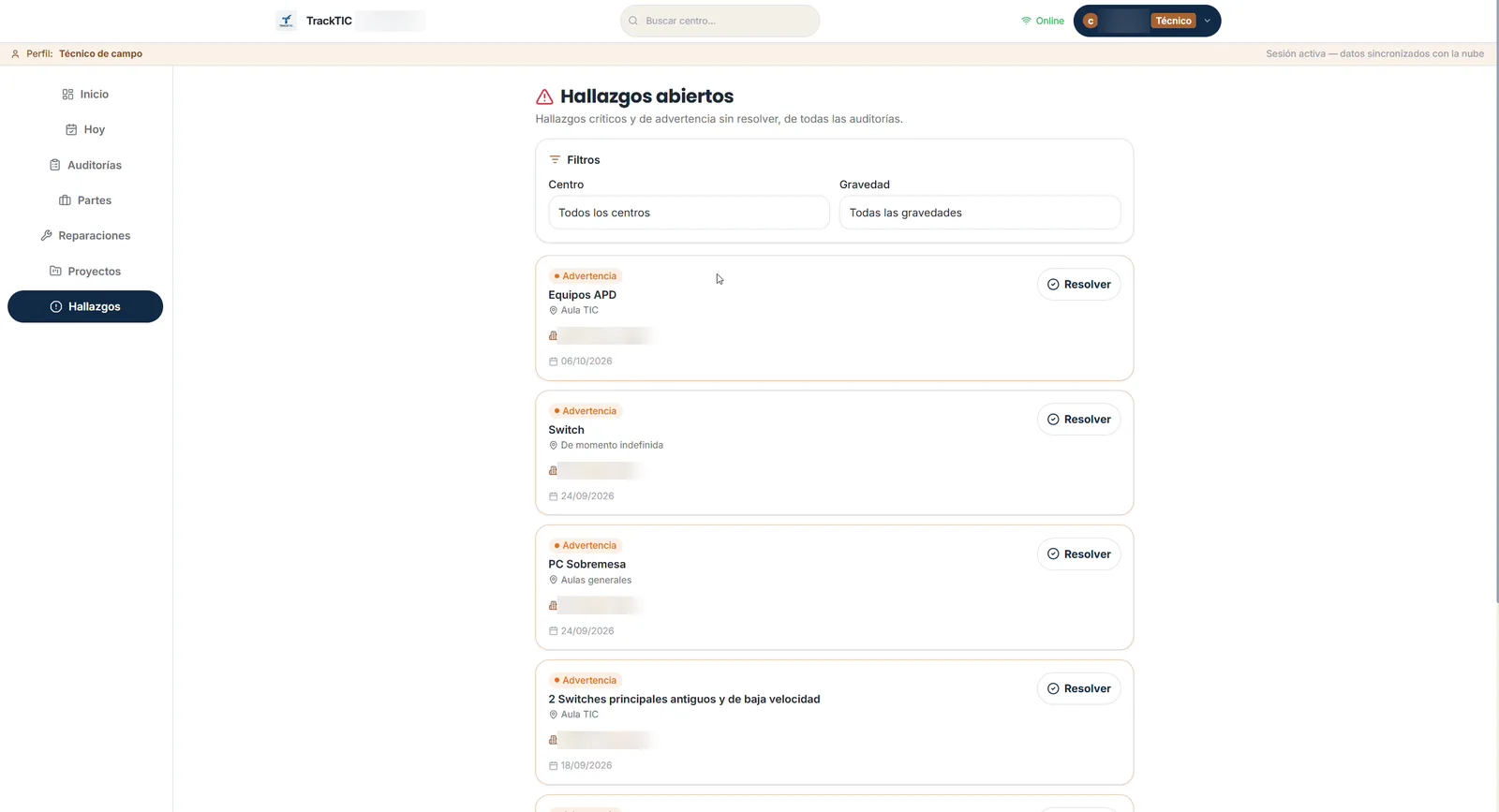 TrackTIC: Hallazgos filtrables por centro y gravedad