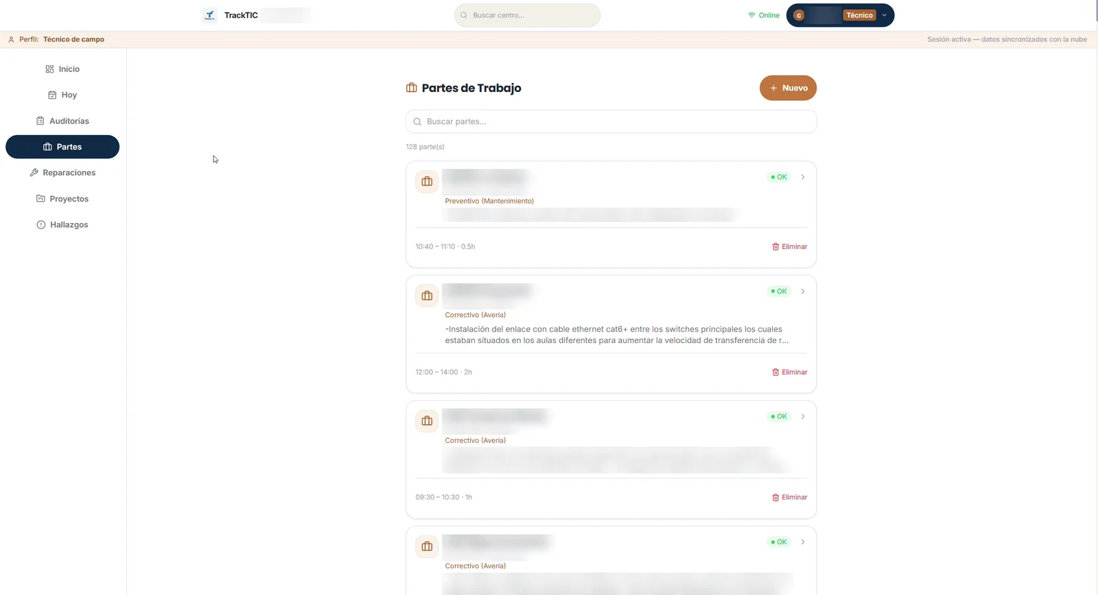 TrackTIC: Partes de trabajo con horas imputadas